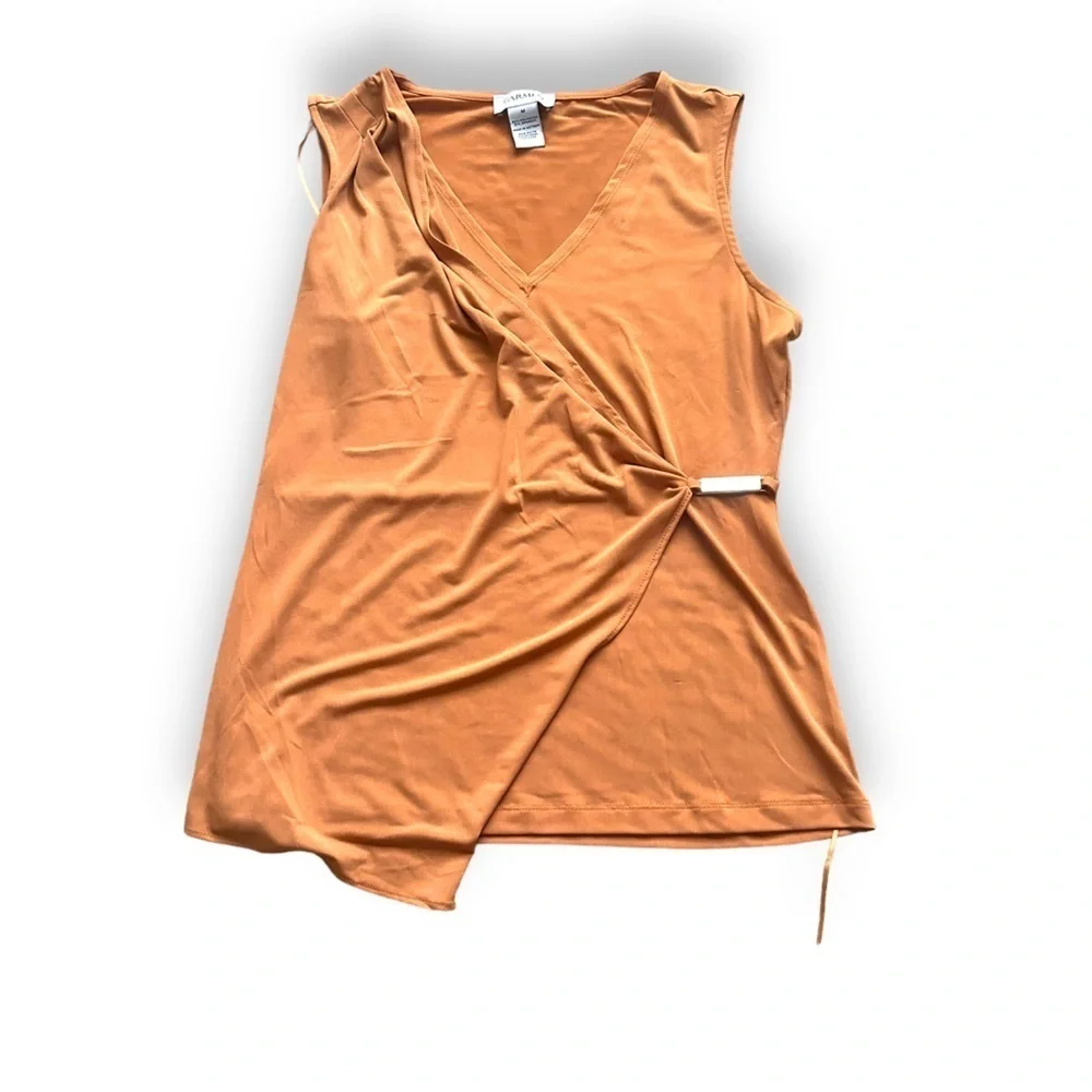 Carmen Marc Valvo Draped Wrap Blouse | Rust Orange Business Casual Top | Size M - Picture 3 of 4